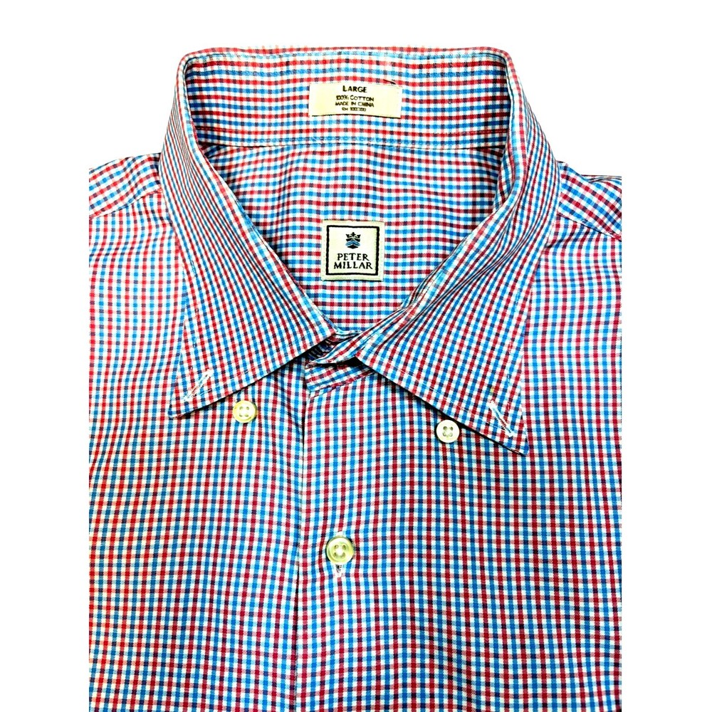 Peter Millar Button up Shirt Mens Sz L Long Sleeve Red Blue Gingham Plaid
